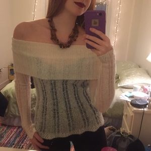 White long sleeve off-the-shoulder fuzzy sweater